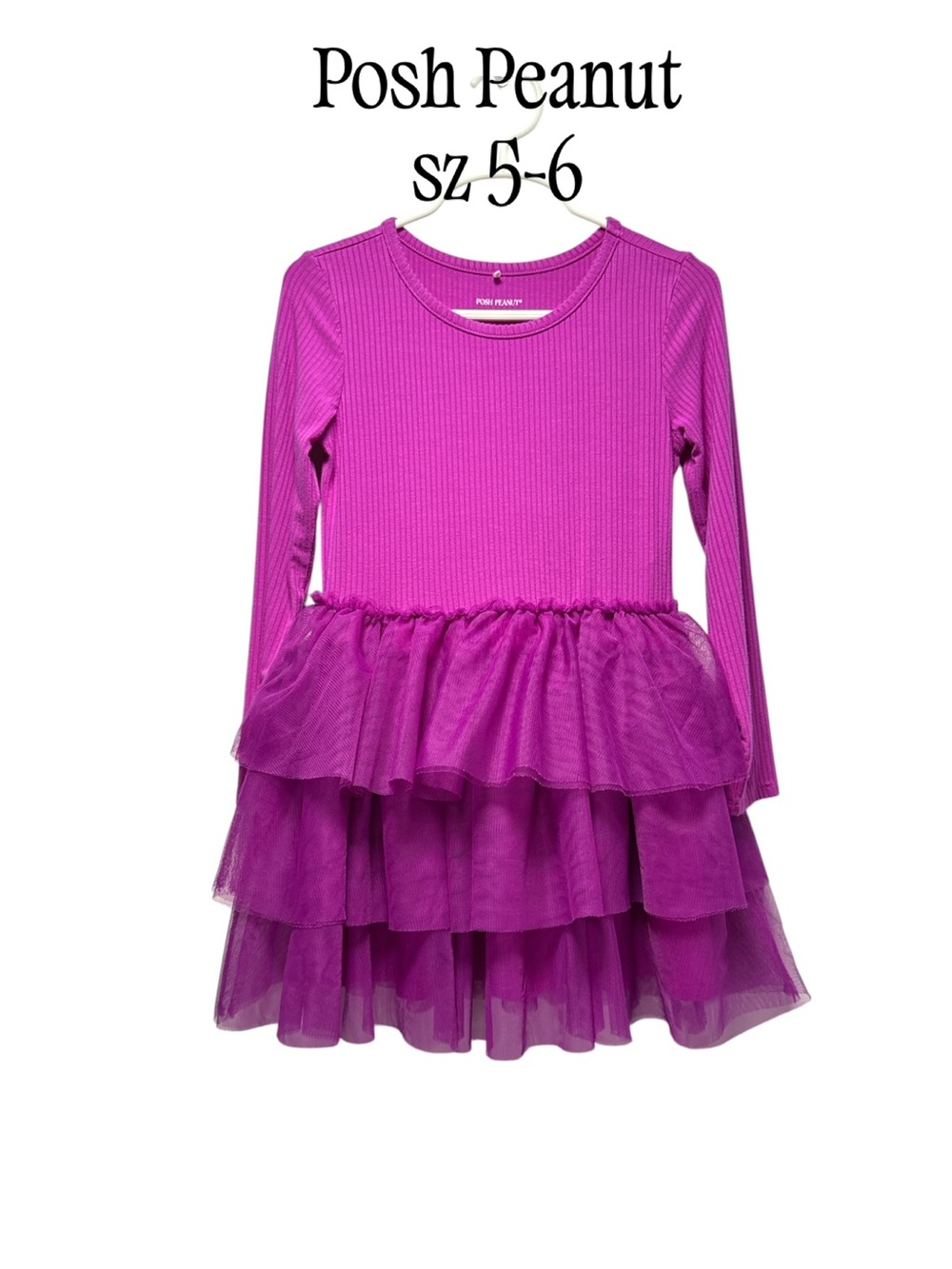 Posh Peanut Size 5-6 Magenta Purple Ribbed Long Sleeve Tiered Tulle Twirl Dress